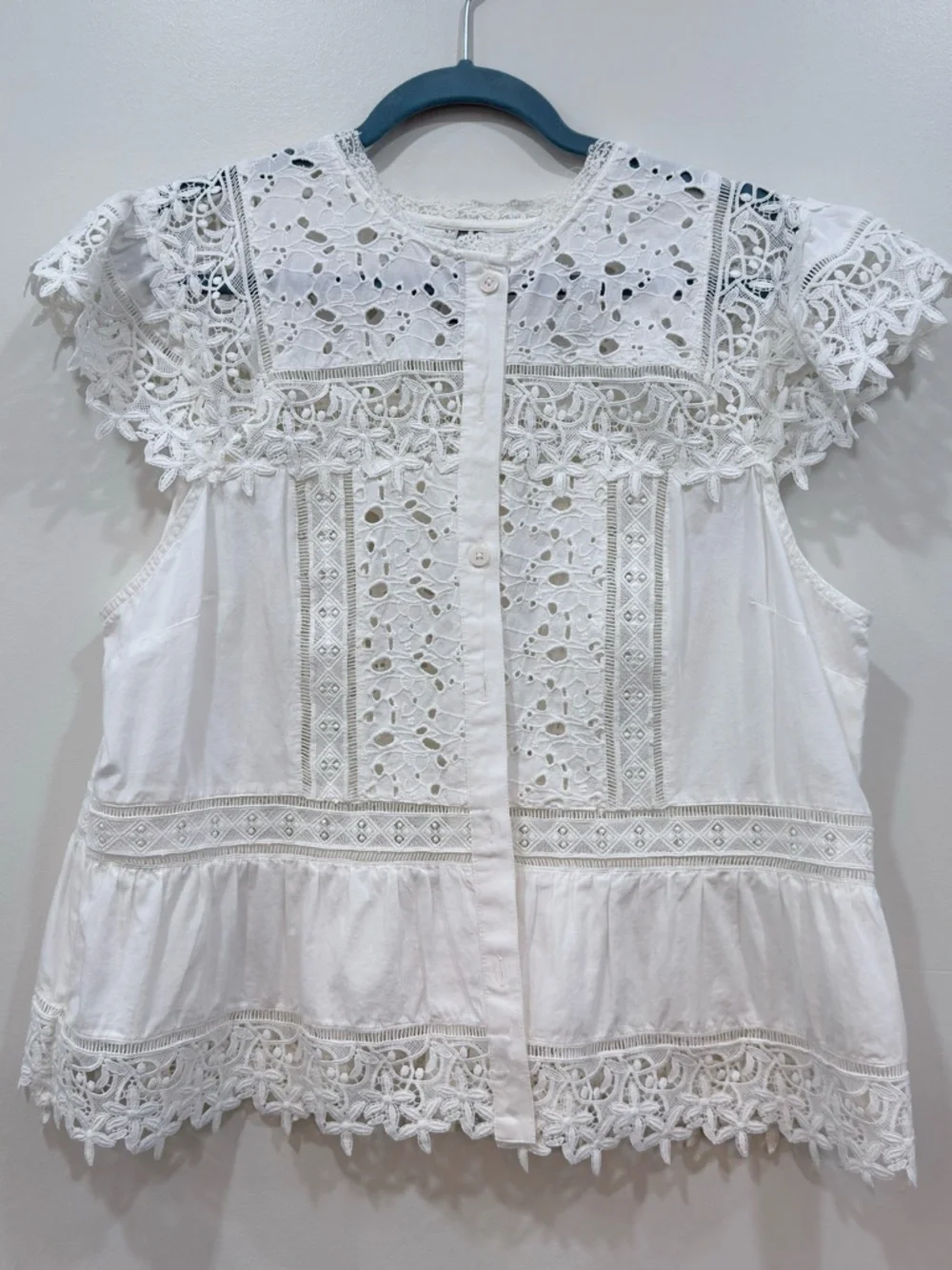 Anthropologie White Lace Eyelet Button-Front Peplum Blouse - Picture 5 of 7